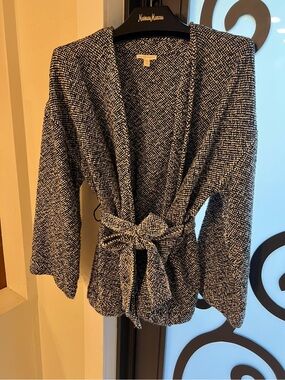 Eileen Fisher Textured Black and White Belted Women's Sweater Cardigan